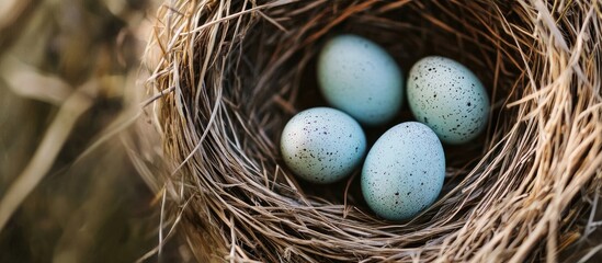 Fototapeta premium Easter nest with blue speckled eggs symbolizing spring celebration and renewal in a natural serene setting