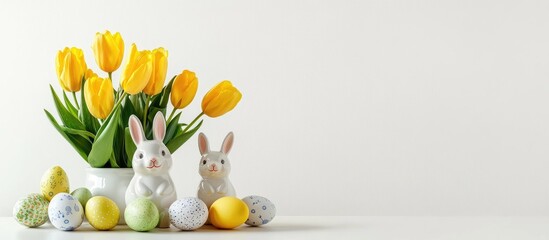 Easter decoration with yellow tulips ceramic rabbits and colored eggs on a light backdrop for a festive spring aesthetic