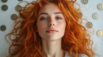 Naklejka premium Young woman with vibrant red hair surrounded by coins on a white background symbolizing wealth and aspiration