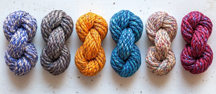 Colorful decorative rope knots arranged in a row on a textured white background showcasing craftsmanship and textile design.