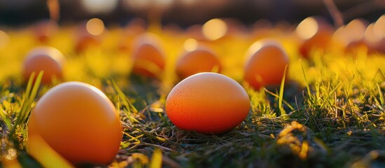 Vibrant orange Easter eggs scattered on lush green grass during a sunny spring day creating a festive and colorful outdoor scene