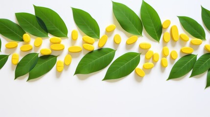 Naklejka premium Yellow vitamin pills arranged on fresh green leaves creating a vibrant natural health concept on a clean white background