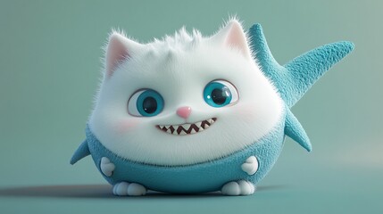 Fototapeta premium 118.A charming 3D character illustration of a fat white cat, snugly dressed in a playful shark costume with large cartoon eyes and teeth. The soft textures of the cat s fur and the exaggerated design