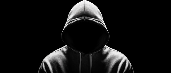 shadowy figure in hood symbolizes threat of unknown, evoking mystery and intrigue. dark background enhances ominous atmosphere, creating sense of suspense