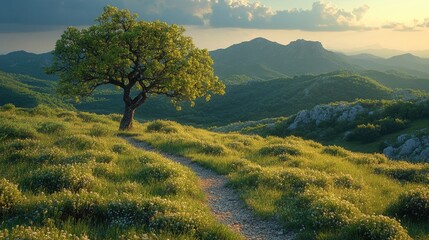 Fototapeta premium Springtime hillside landscape featuring a solitary tree amidst lush greenery and blooming shrubbery under a cloudy sky.