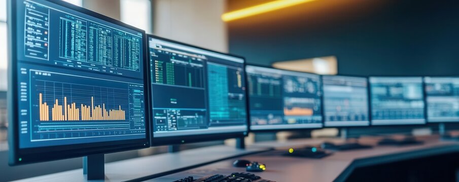 Oil refinery concept. A refinery control room filled with monitors and engineers analyzing real-time data for efficient operations