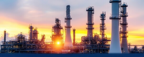 Obraz premium Oil refinery concept. A petrochemical engineering setup with reactors, columns, and advanced control systems in a modern refinery
