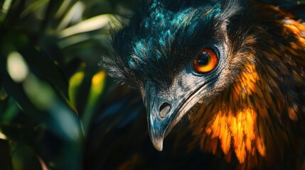 Fototapeta premium Close-up of a colorful emu in captivity showcasing vibrant feathers and expressive eyes in a natural habitat setting.