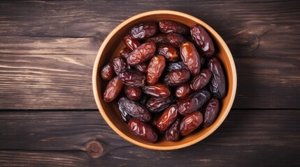 Obraz premium Bowl of pitted dates arranged on a wooden surface showcasing natural textures and colors from a top view perspective