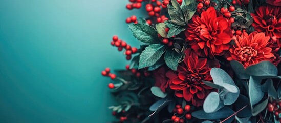 Obraz premium Vibrant red and green floral arrangement showcasing dahlias and foliage on a teal background for festive celebrations and decor.
