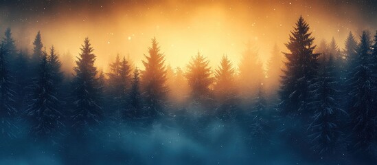 Fototapeta premium Winter forest silhouette at dawn with mist and snowflakes creating a serene and magical atmosphere in a tranquil natural setting.