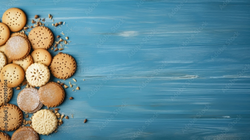 Poster Birds eye view of assorted homemade cookies arranged on a blue wooden surface with a rustic and inviting food concept background