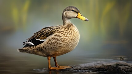 Fototapeta premium Mallard Female Duck Standing Gracefully by Tranquil Water with Soft Focus Background in Natural Habitat