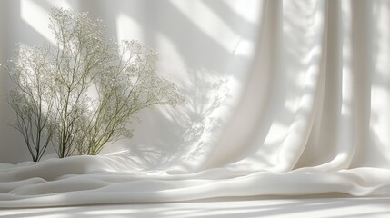 Obraz premium Fennel seeds arranged artistically on a soft white backdrop with delicate floral shadows creating an elegant and serene composition