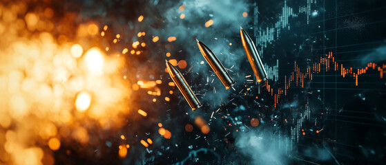 Bullets flying through fiery battlefield with digital data overlay, creating dynamic and intense scene. image combines elements of warfare and technology, symbolizing conflict and innovation