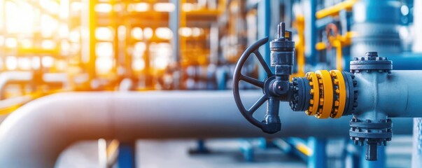 Oil refinery concept. A closeup of industrial pipelines and valves transporting crude oil and refined products within a refinery