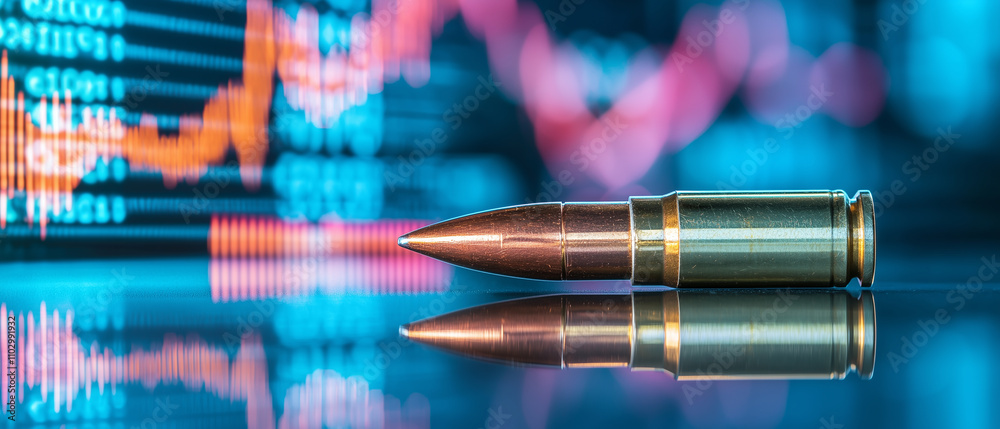 Poster bullet lies on reflective surface with stock market graph in background, symbolizing financial volat