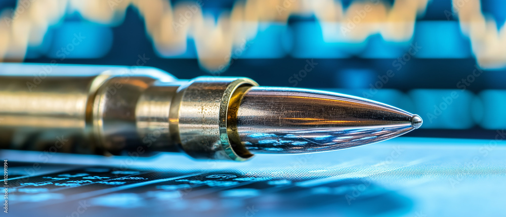 Poster close up of bullet with reflection of stock market graph, symbolizing intersection of finance and conflict. image captures metallic sheen and sharp focus