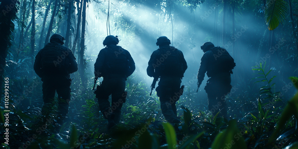 Poster elite special operations team navigates through dense jungle, illuminated by beams of light, showcas
