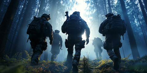 Elite special operations team navigating through dense forest at dawn, creating dramatic and intense atmosphere. soldiers are equipped with tactical gear, moving strategically through misty woods