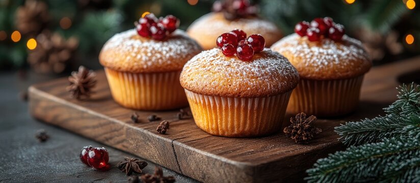 Festive display of freshly baked muffins on a wooden cutting board with decorative red berries and holiday greenery for a cozy ambiance - Powered by Adobe