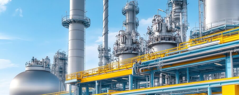 Oil refinery concept. A chemical processing unit within an oil refinery, featuring advanced reactors and high precision equipment