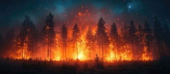 Naklejka premium Intense forest fire illuminating trees at night with vibrant orange flames and starry sky backdrop creating a dramatic scene