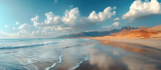 Naklejka premium Stunning coastal landscape featuring a desert oasis meeting a serene beach under a vibrant sky with clouds and reflections on the water.
