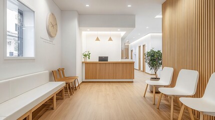 Fototapeta premium 61.Veterinary Clinic Waiting Room in White and Wooden Tones: