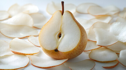 A halved pear sits atop thin pear slices.