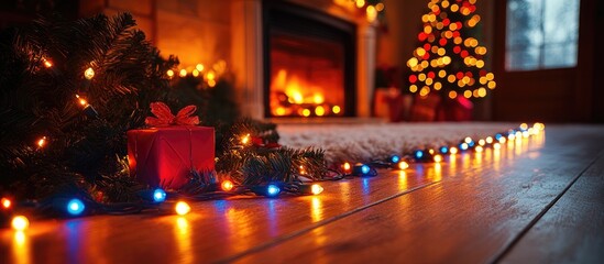 Festive Christmas decorations with colorful lights and gifts in a cozy holiday living room ambiance