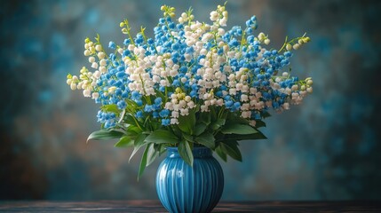 Blue and white floral arrangement in a blue vase with Lily of the Valley against a softly blurred natural light background