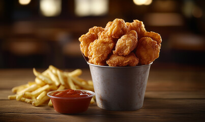 Fried chicken wings, nuggets, and fries in a bucket with sauce on a wooden background