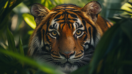Fototapeta premium Stealthy Tiger Hiding in Dense Tropical Vegetation