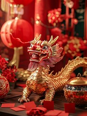 Fototapeta premium Celebrate Chinese New Year with vibrant red envelopes, traditional lanterns, and elaborate dragon decor, highlighting the joyous cultural heritage and symbols of good fortune.
