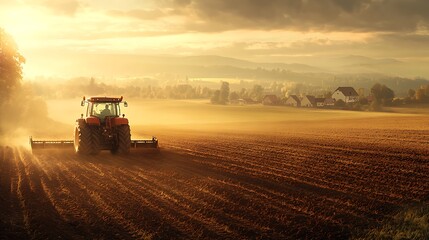 Fototapeta premium Side view of a tractor plowing a large agricultural field, deep furrows forming behind the plow, golden sunlight casting long shadows, distant farm buildings, detailed soil textures,