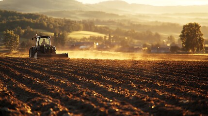 Fototapeta premium Side view of a tractor plowing a large agricultural field, deep furrows forming behind the plow, golden sunlight casting long shadows, distant farm buildings, detailed soil textures,