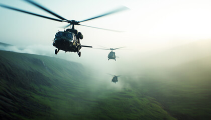 Military helicopters fly in formation over misty landscape, showcasing precision and coordination in rapid deployment mission. scene captures essence of tactical aviation