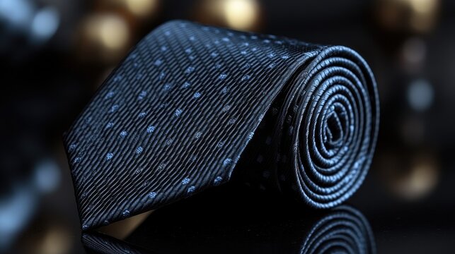 Sophisticated black polyester necktie elegantly rolled on a reflective surface showcasing a stylish polka dot pattern in soft focus background.