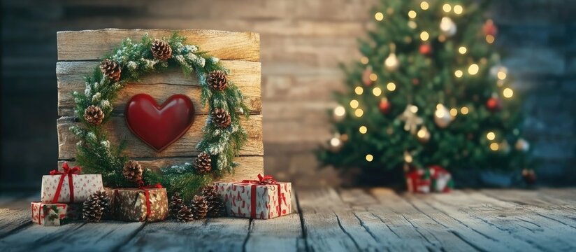 Rustic Advent wreath with heart shape decorated with pine cones and gift boxes alongside a softly lit Christmas tree on wooden backdrop