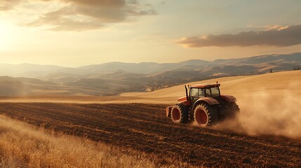 Fototapeta premium Tractor in action on a sloping field, turning over dark, nutrient-rich soil, rolling hills in the background, sun casting warm light, dust creating a hazy effect, intricate machinery details,