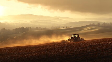 Fototapeta premium Tractor in action on a sloping field, turning over dark, nutrient-rich soil, rolling hills in the background, sun casting warm light, dust creating a hazy effect, intricate machinery details,