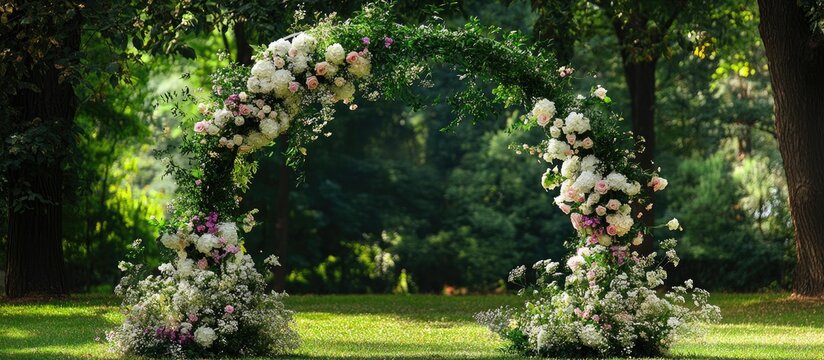 Stunning floral archway in a serene park setting perfect for outdoor wedding ceremonies and romantic events.