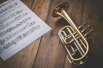 Naklejka premium A polished brass cornet lies gracefully on a wooden surface with sheet music, accentuated by soft studio lighting that showcases its intricate craftsmanship.