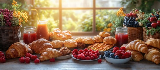 Delicious breakfast setup with waffles croissants fresh berries and beverages in a bright sunny environment showcasing a cozy dining experience