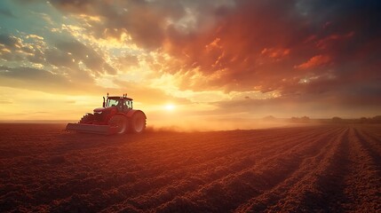 Fototapeta premium Wide-angle shot of a tractor plowing an endless field, soil being overturned with precision, sun rays piercing through clouds, vibrant colors, dynamic composition, photorealistic finish, hd quality.