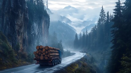 Wide-angle shot of a logging truck loaded with large timber, driving on a narrow mountain road, deep forest on one side, steep cliff on the other, early morning mist rising from the trees,