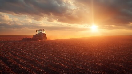 Fototapeta premium Wide-angle shot of a tractor plowing an endless field, soil being overturned with precision, sun rays piercing through clouds, vibrant colors, dynamic composition, photorealistic finish, hd quality.