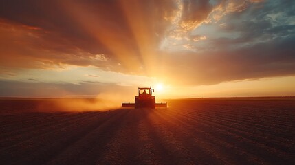 Wide-angle shot of a tractor plowing an endless field, soil being overturned with precision, sun rays piercing through clouds, vibrant colors, dynamic composition, photorealistic finish, hd quality.