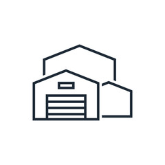 Large warehouse of products. Wholesale trade. Vector linear icon isolated on white background.